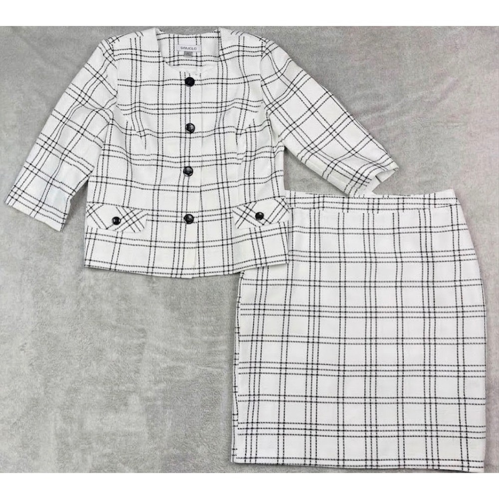 ⁠Danillo Womens Skirt Suit Set Size 14 White Black Grid Plaid Blazer Knee Skirt⁠